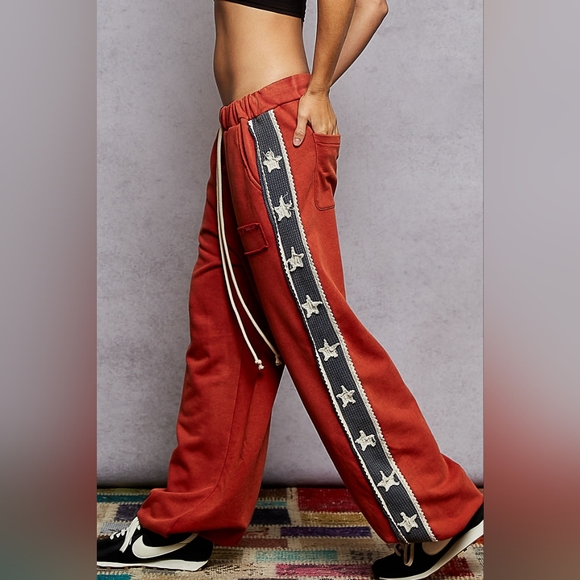 ​POL Star Patchwork Track Suit Set - Rust Red Orange Zip Jacket & Wide Leg - Picture 5 of 12